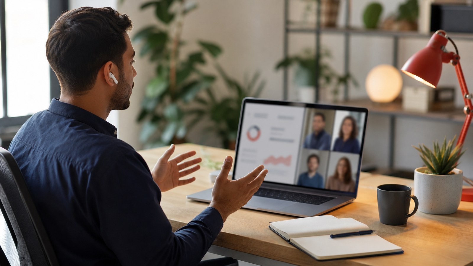 Developer communicating project progress and schedule risk in a remote meeting