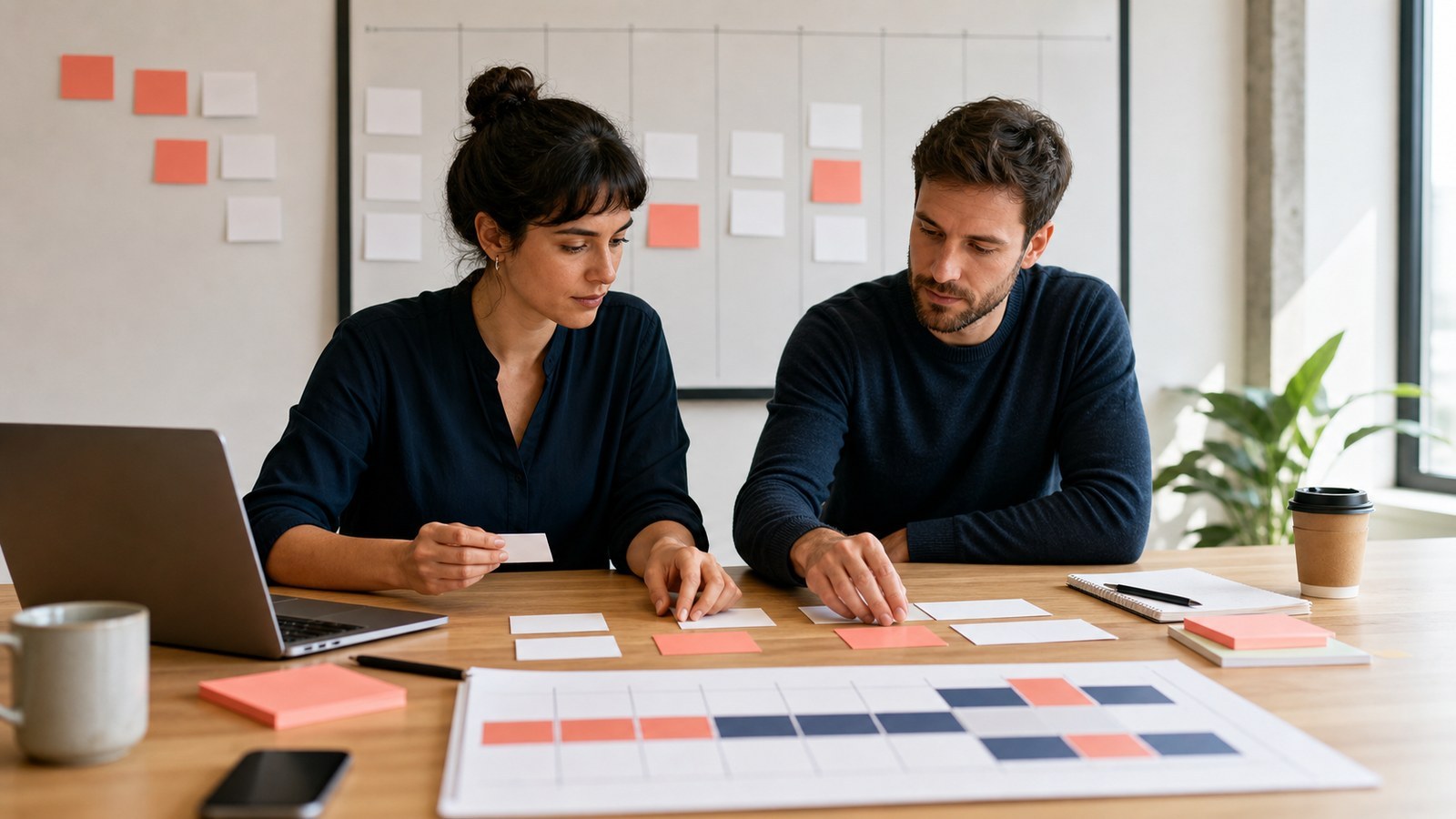 Software developers arranging task cards and schedule blocks during planning