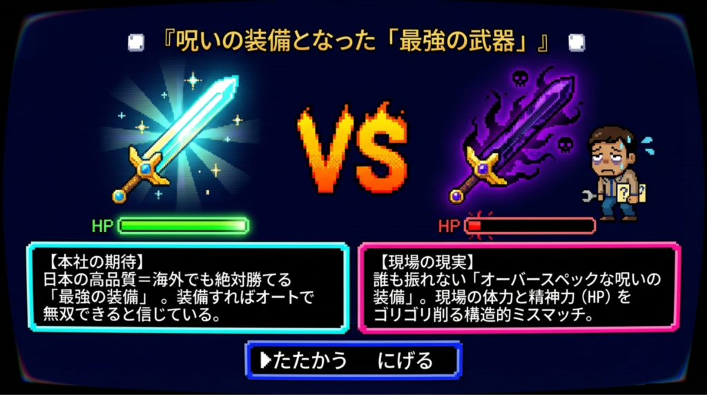 日本企業の高品質戦略が海外進出でミスマッチになる構造をゲーム風に表現したイラスト