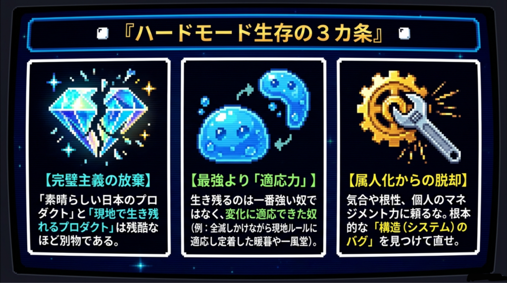 海外市場で生き残るために必要な適応力とローカライズ戦略を表現したイラスト