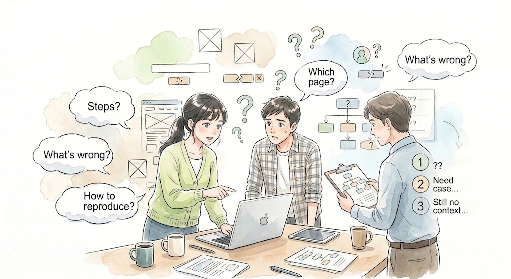 Bug report vague message "This page is broken" without context, illustrating poor issue reporting in IT