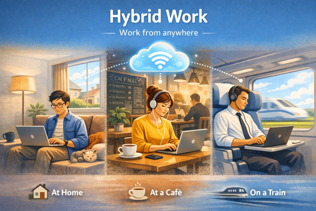 Illustration of hybrid work environment with employees working remotely across multiple locations and devices, highlighting modern workplace flexibility and security challenges