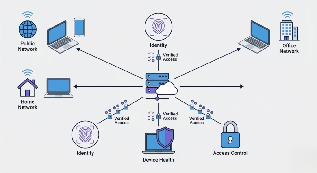 Diagram showing the core principles of Zero Trust security model including identity verification, device health check, and least privilege access