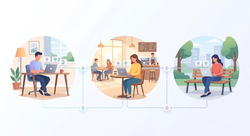 従来のVPNとゼロトラストの違いを比較し、アクセス制御とセキュリティ強化の仕組みを説明する図
