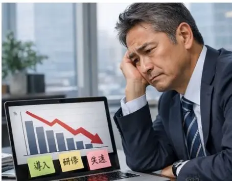 Business professional looking concerned at a laptop showing a declining chart, symbolizing the gap between AI hype and real business adoption.