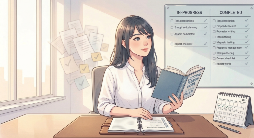 A digital illustration of a young woman at her desk, holding an open copy of 'Getting Things Done' by David Allen. Behind her, a task board with 'IN-PROGRESS' and 'COMPLETED' lists is visible, along with floating papers.
