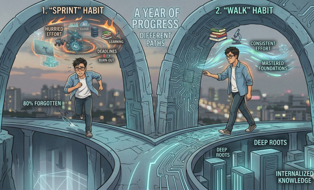 Sprint vs walk learning habits in long-term skill development