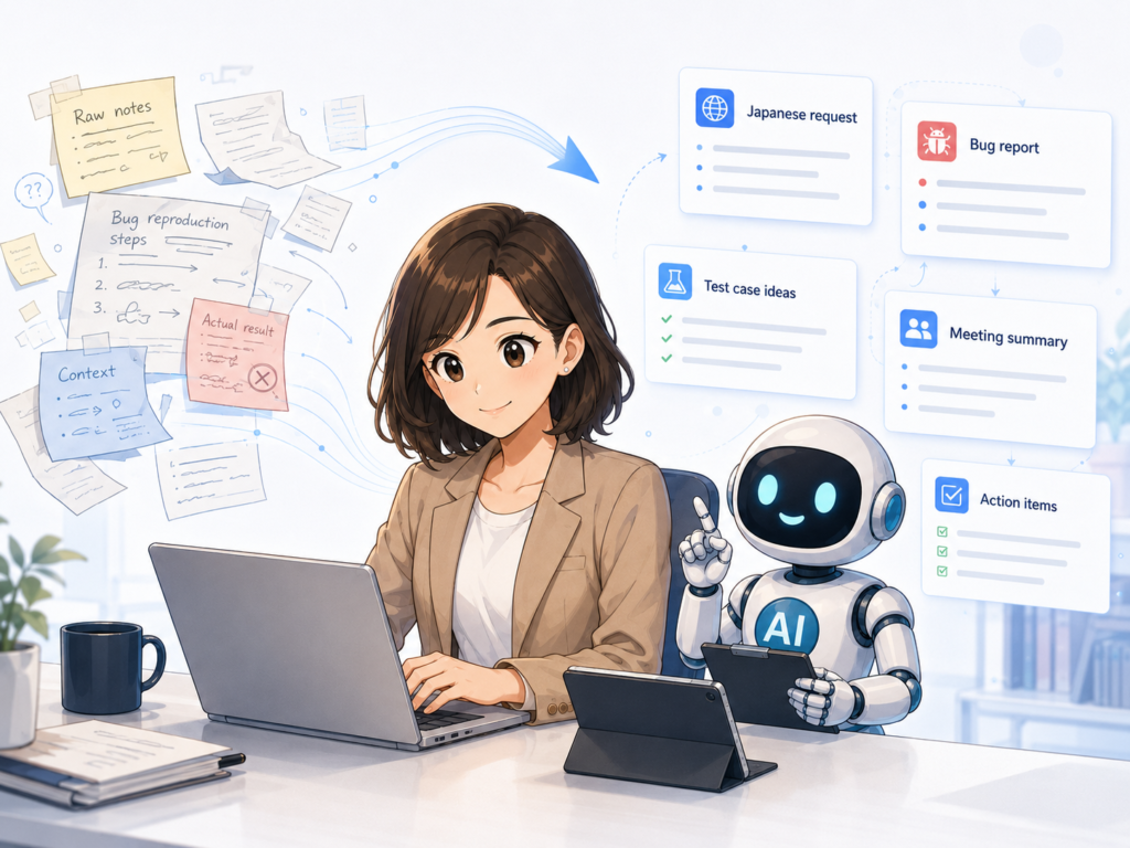 A woman and AI robot organizing raw notes into structured work outputs.