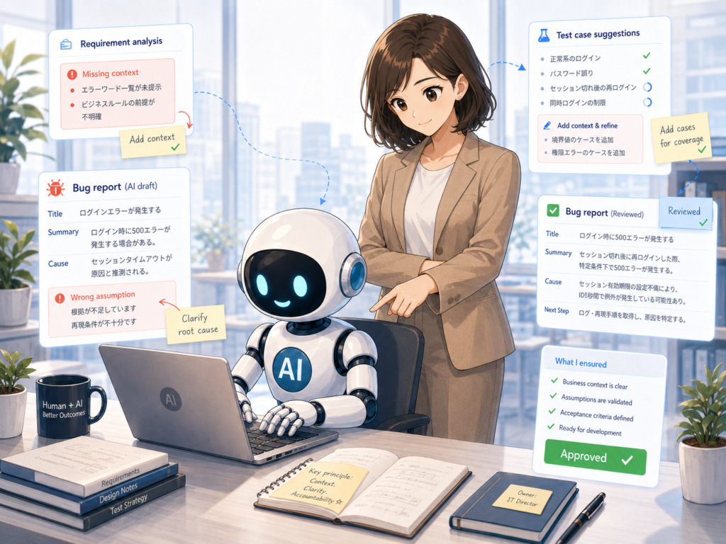 A woman mentoring an AI robot as it works on a laptop.