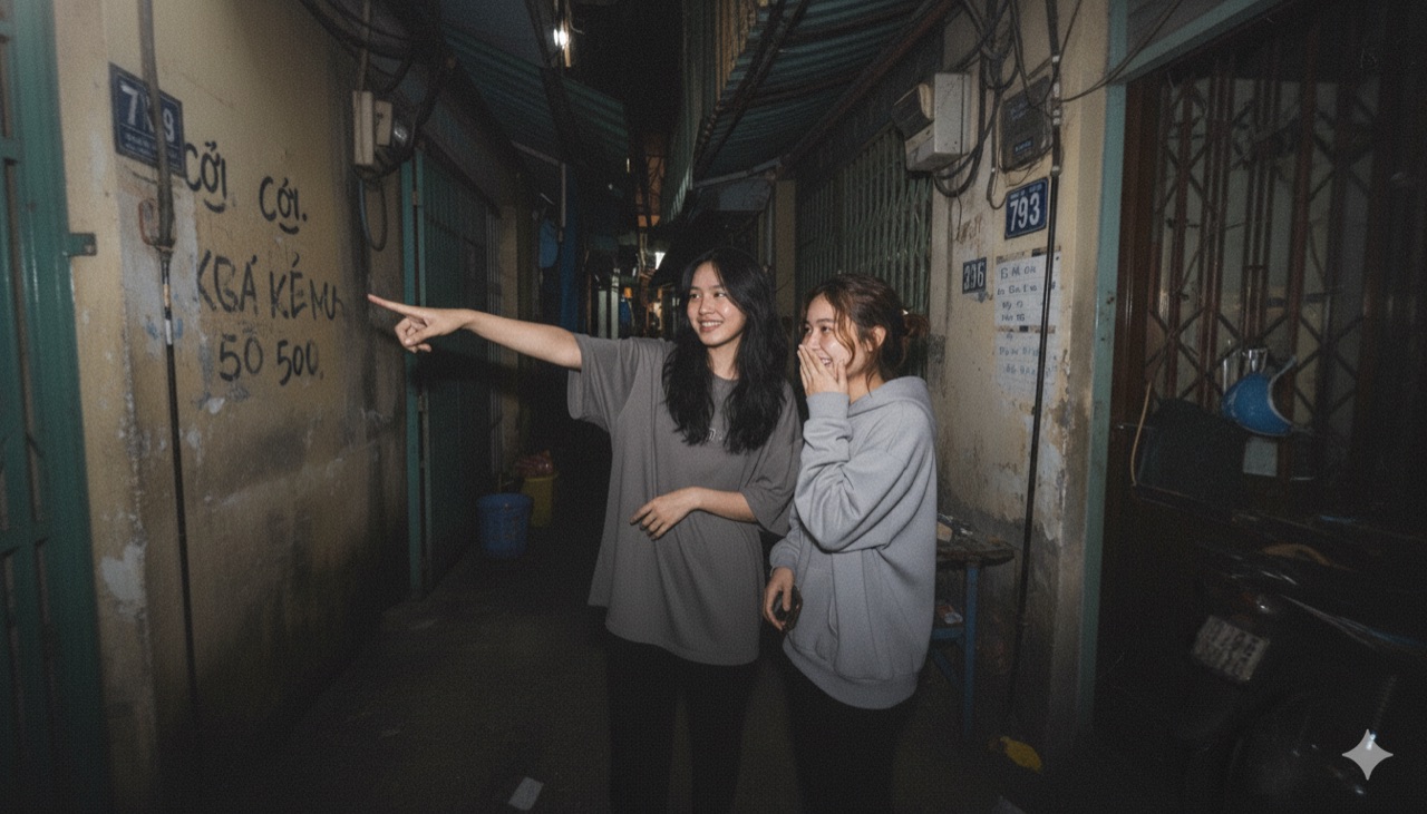 A woman in a narrow alley in Ho Chi Minh City — the map lives in people, not on paper