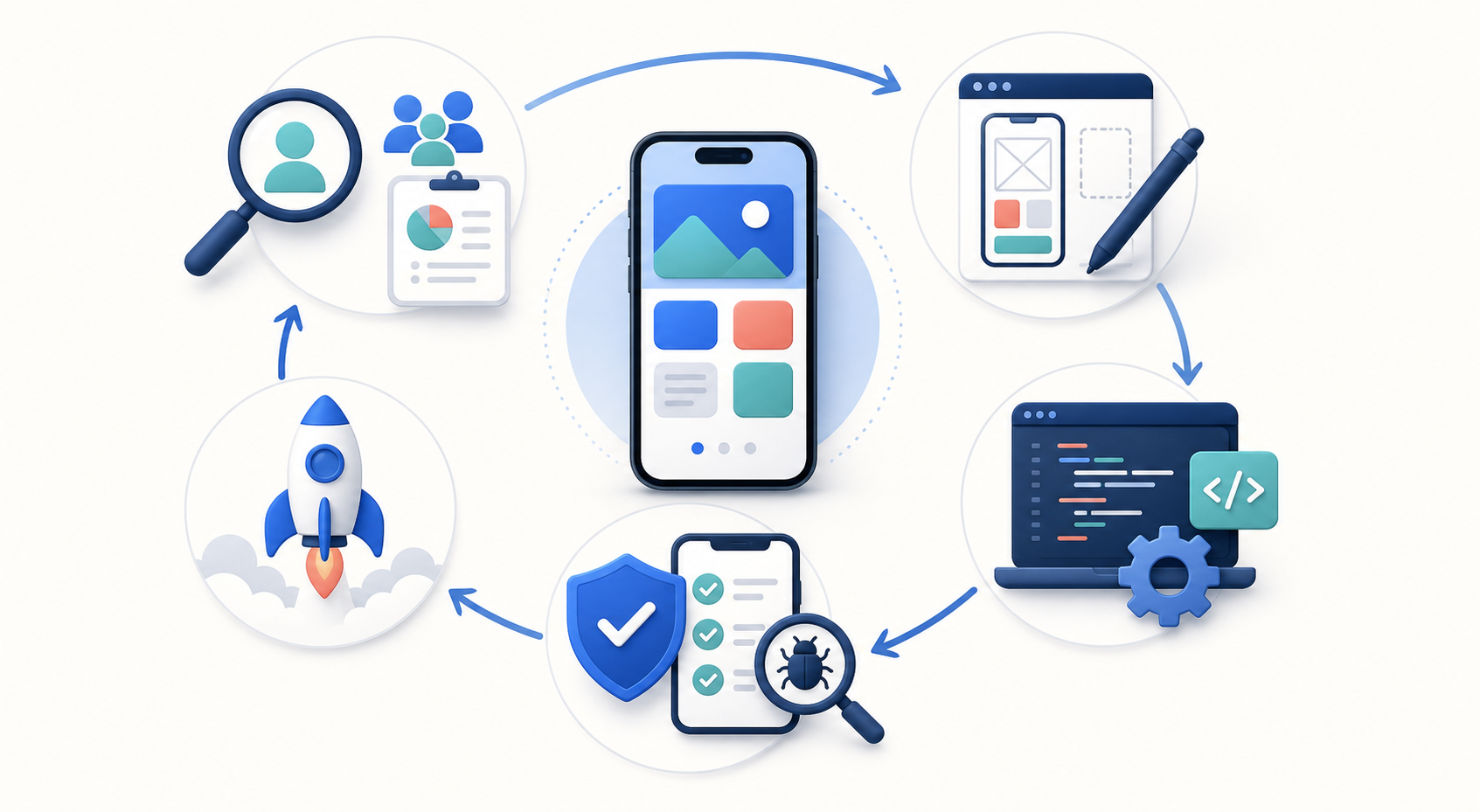 Mobile app development cycle from user research and design to coding, testing, launch, and feedback