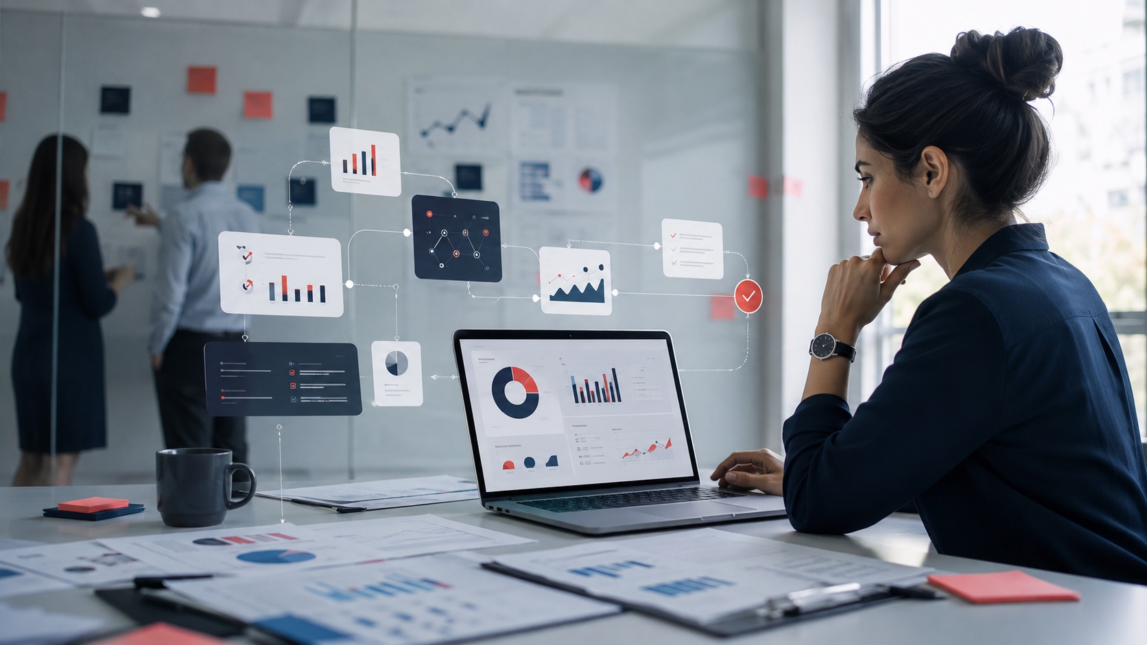 Project coordinator reviewing AI-assisted reports and project data